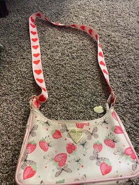 Betsey Johnson Pink Strawberry Print Crossbody with Heart Strap